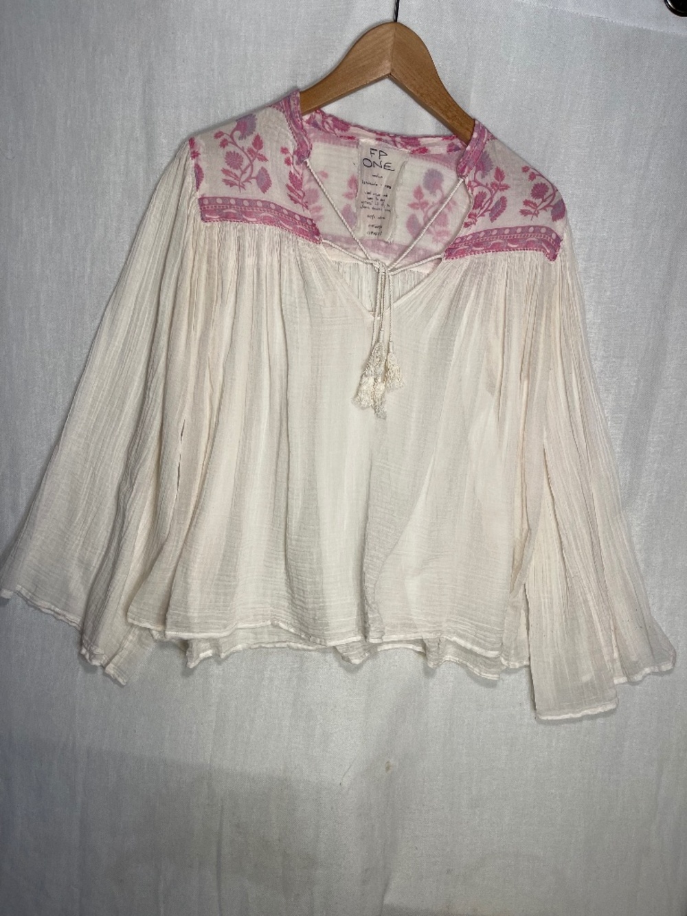 Cotton Made In India Boho Embroidered Peasant Blouse - Cream with Pink Yoke